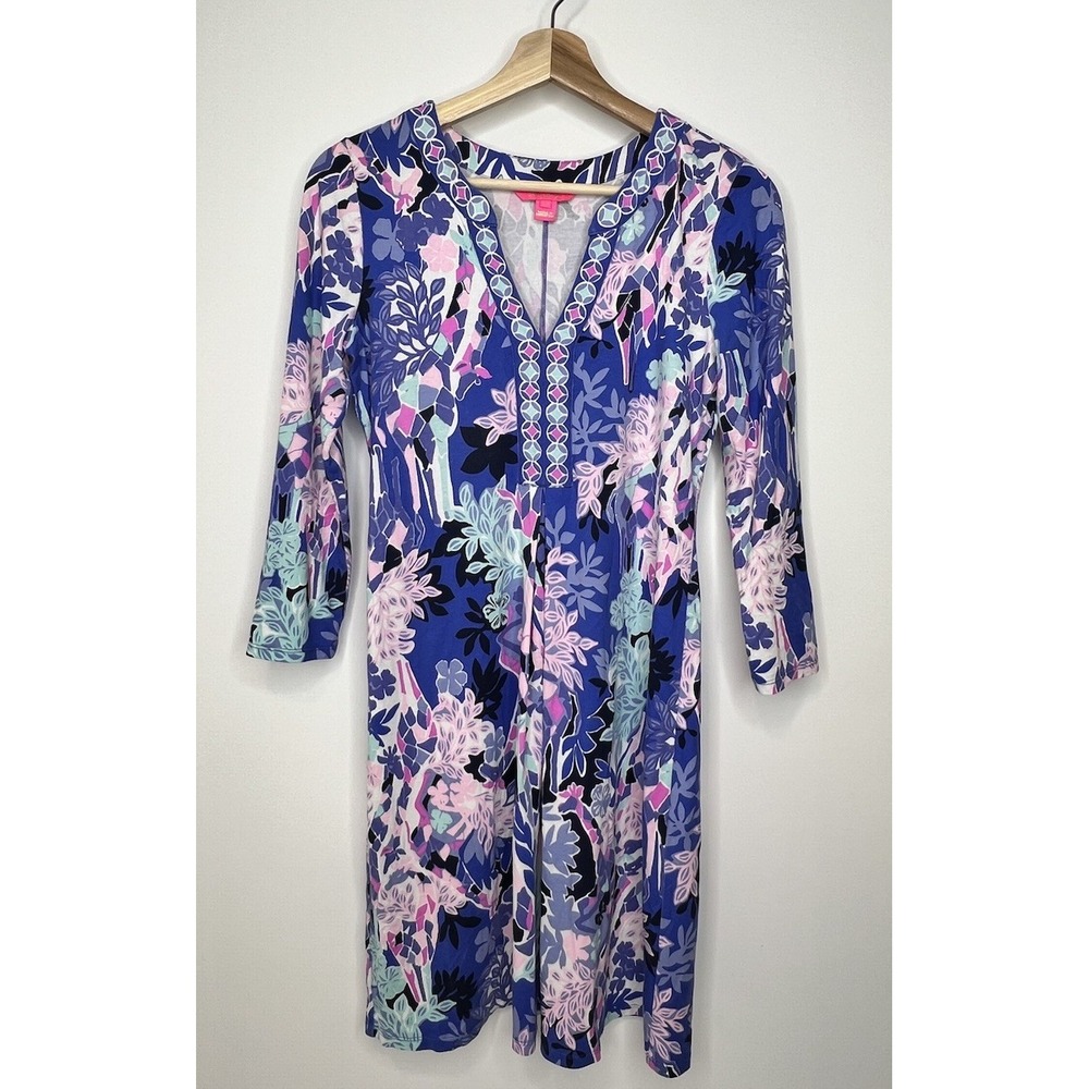 Lilly Pulitzer Melli Dress XS Iris Blue Giraffe Park Long Sleeve Knit Floral